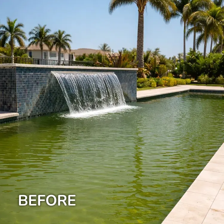 Green algae pool before professional cleaning service Boca Raton